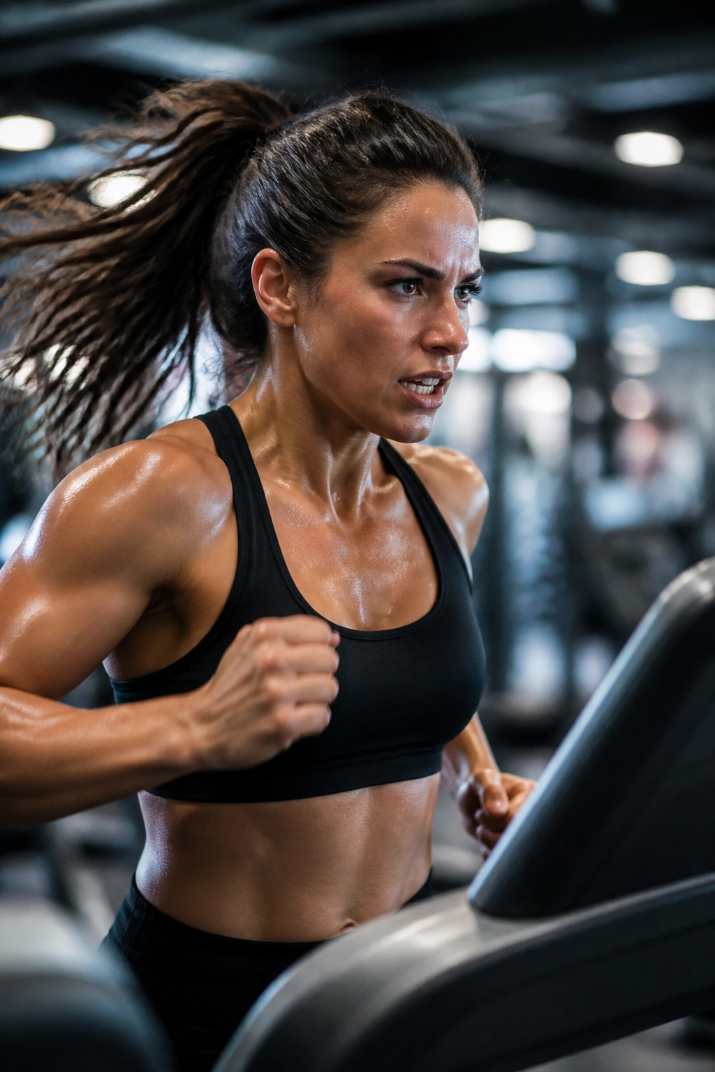 Close-up of a fit athlete sprinting on a treadmill during HIIT in a gym