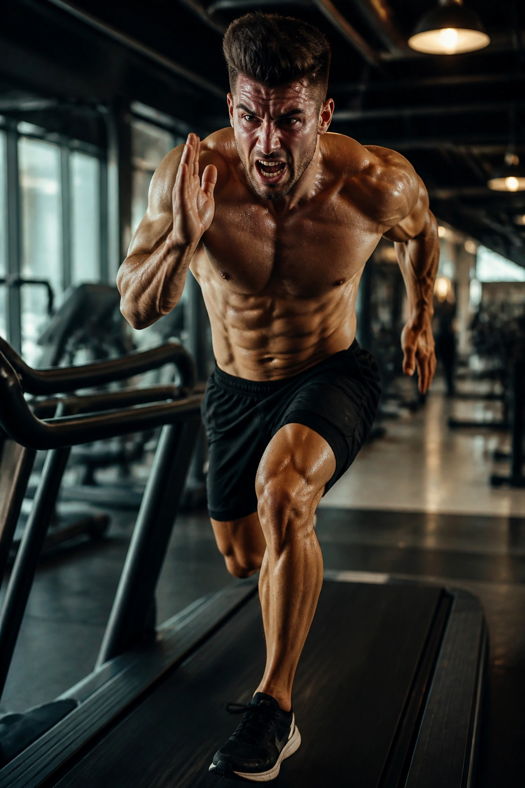 Intense runner on treadmill sprinting in a gym