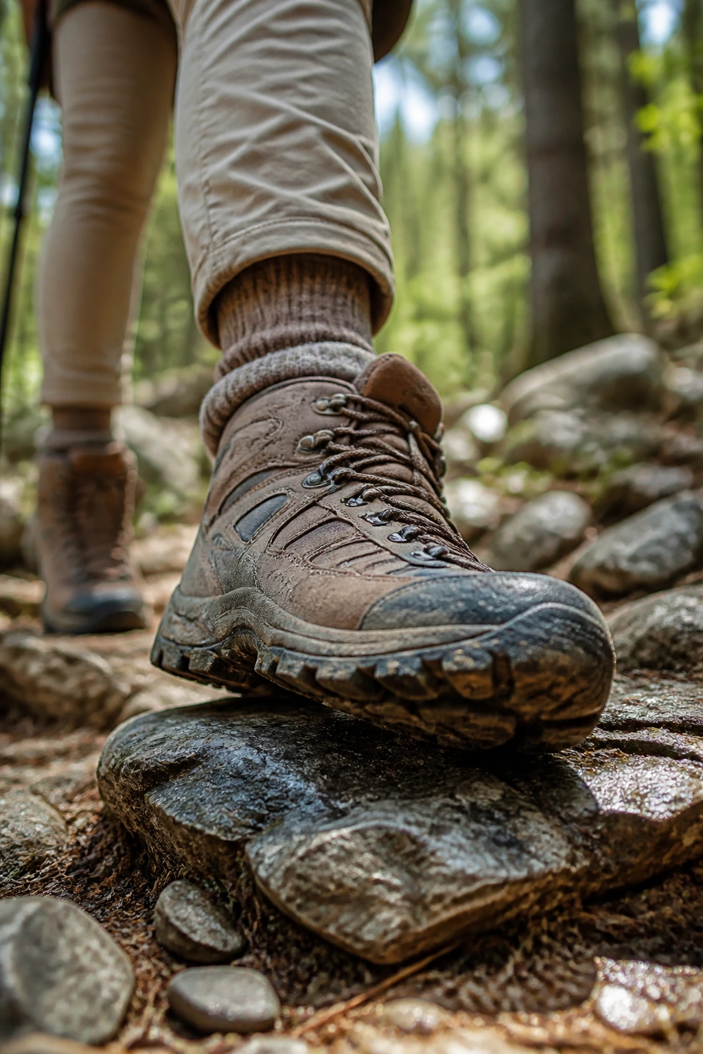 Close-up of hiking boot on rocky trail with forest backdrop