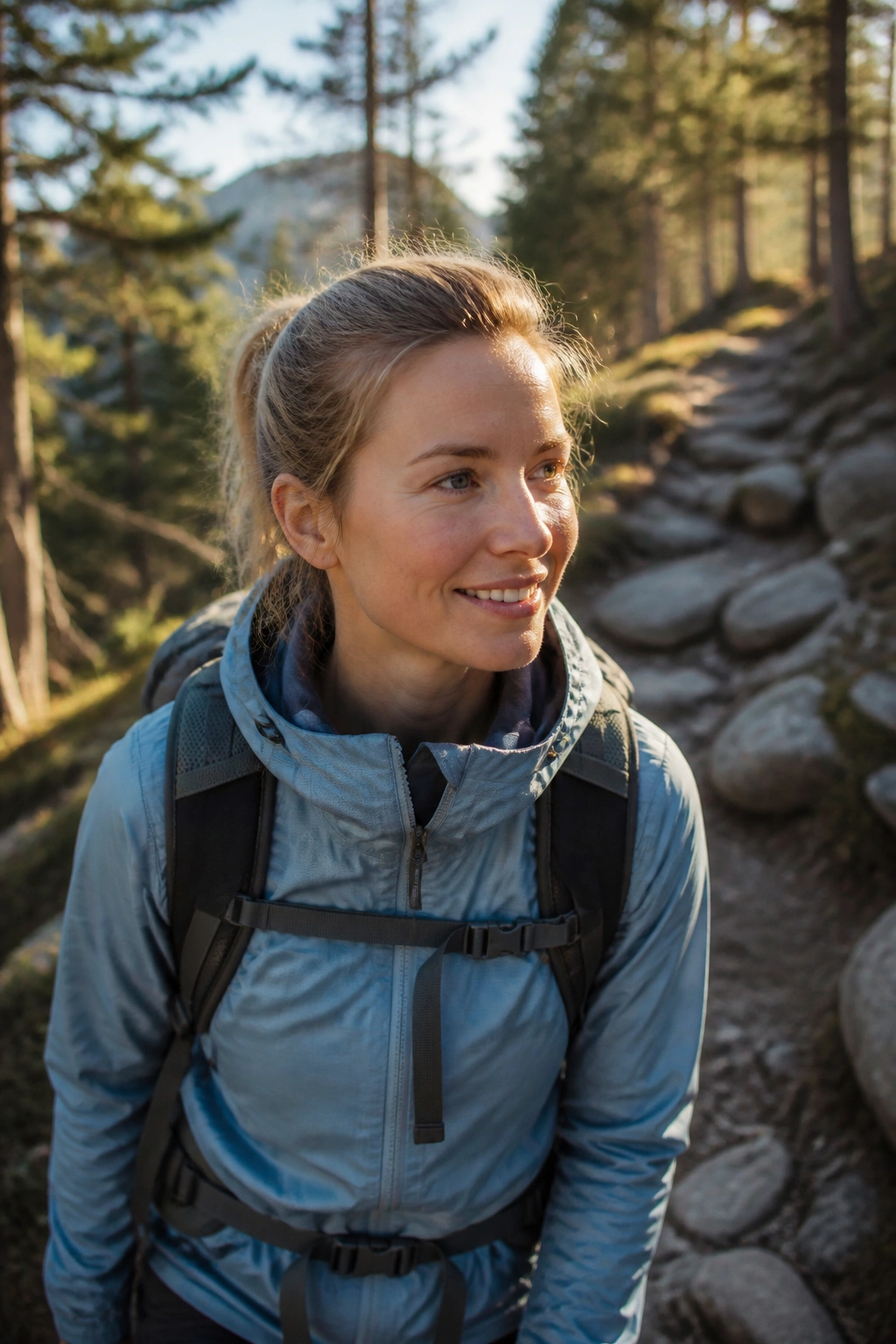 Close-up of a hiker with backpack on a forest trail, natural hiking cardio