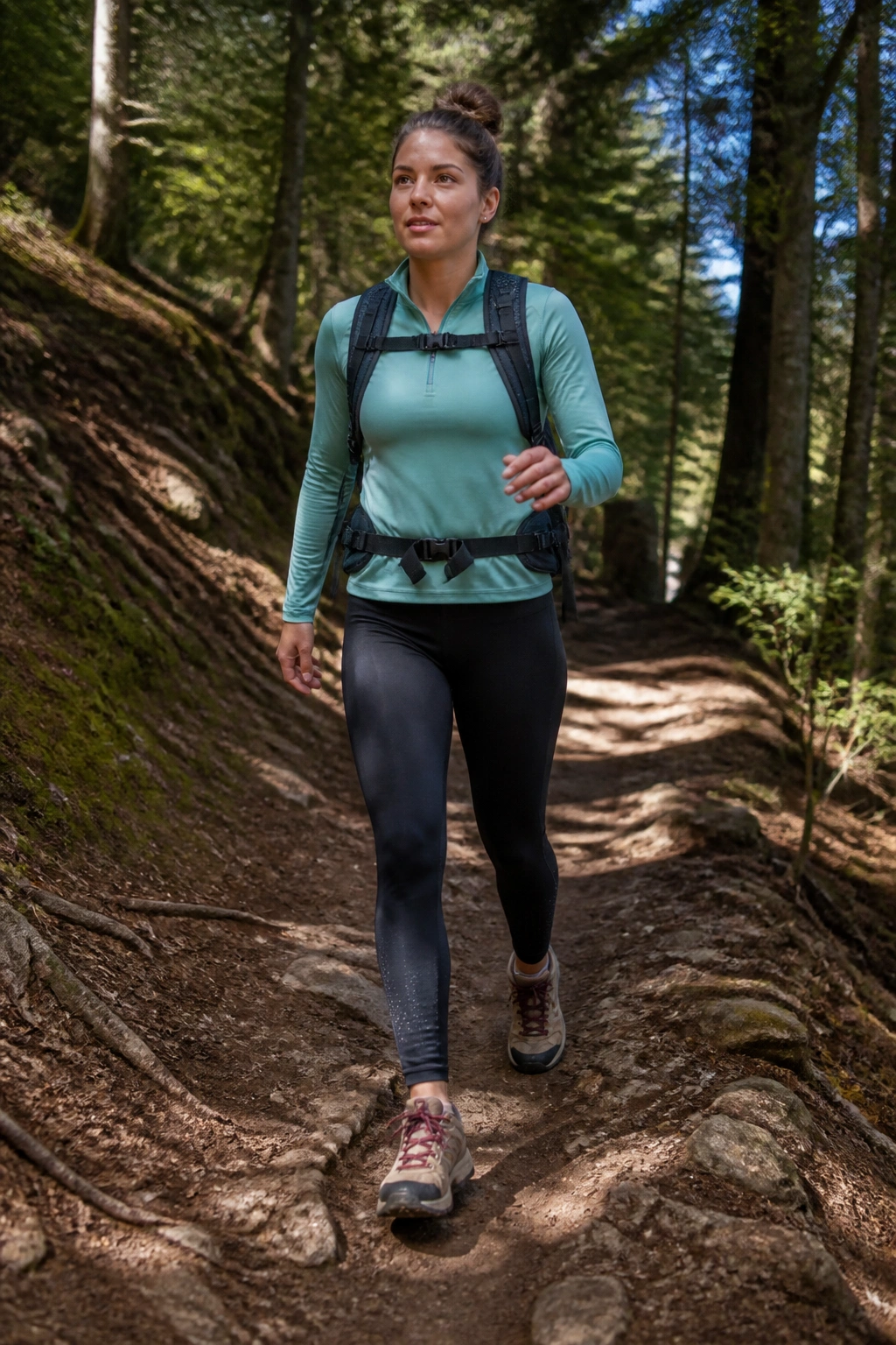 Person hiking on a forest trail during daylight.