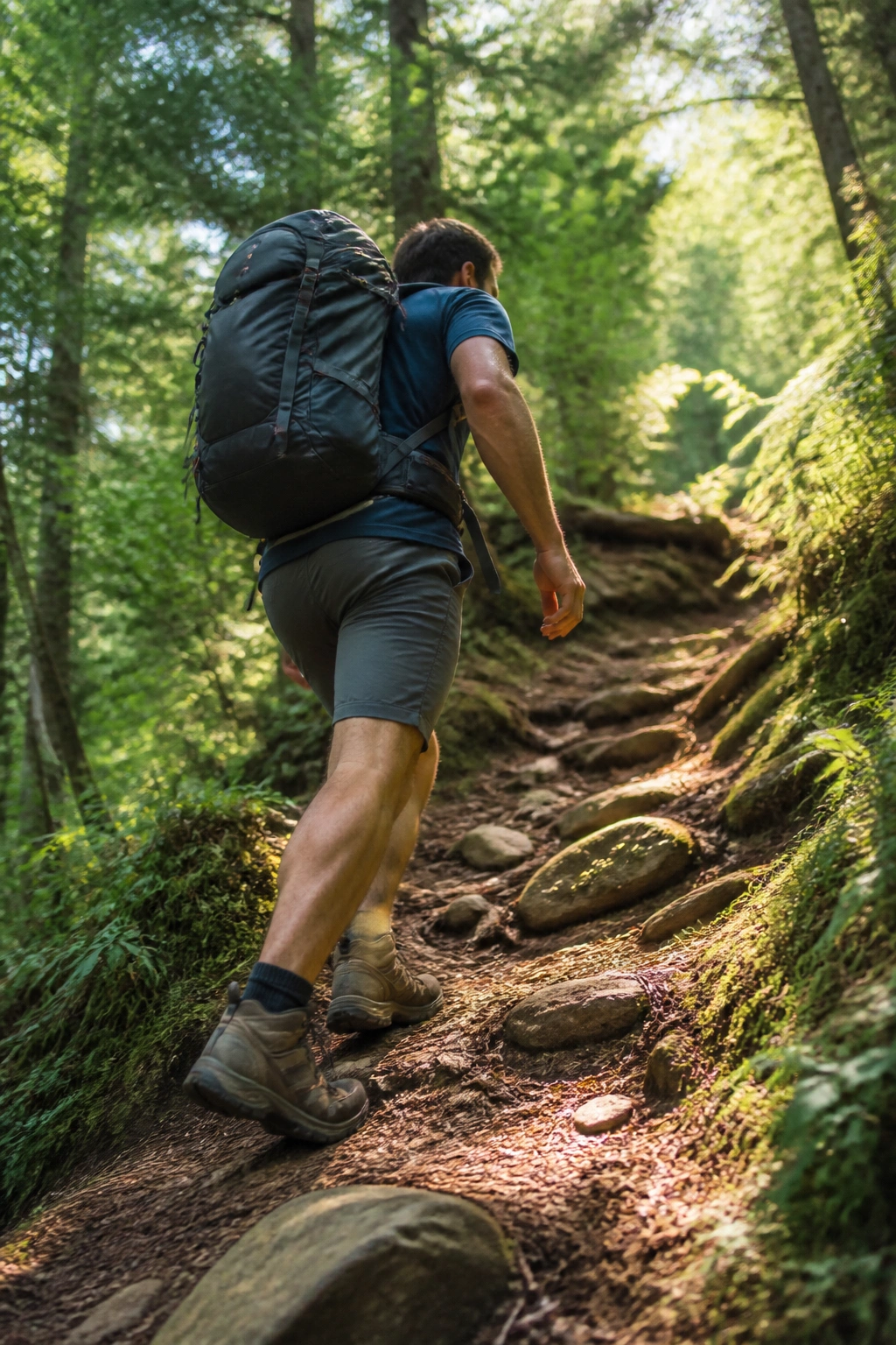 Hiker with backpack climbing incline on a forest trail