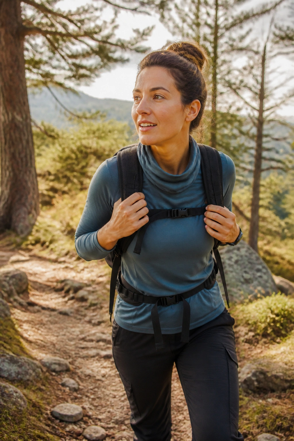 Medium shot of a hiker with backpack on a forest trail
