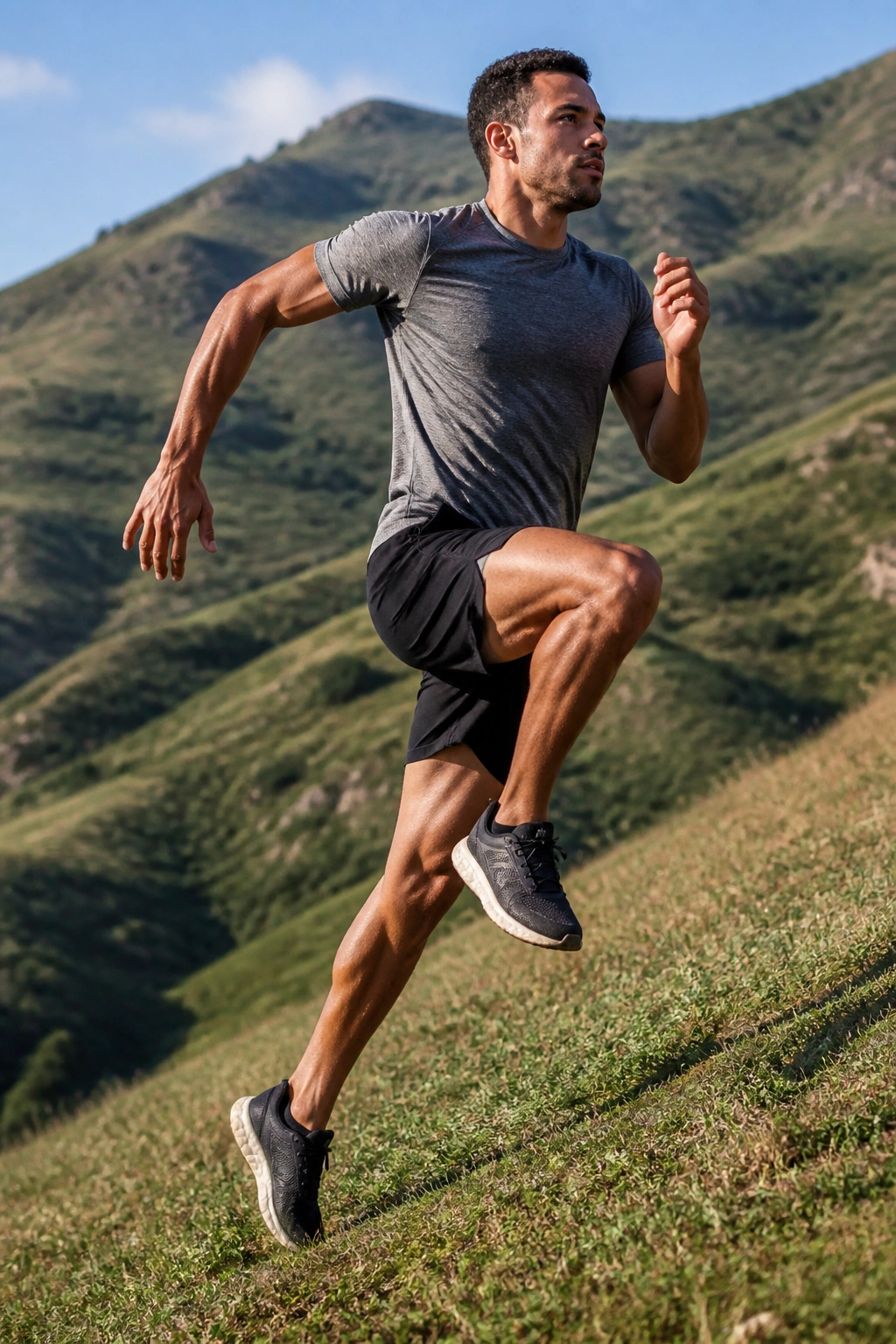 Three-quarter view of runner performing hill bounds on grassy hill.