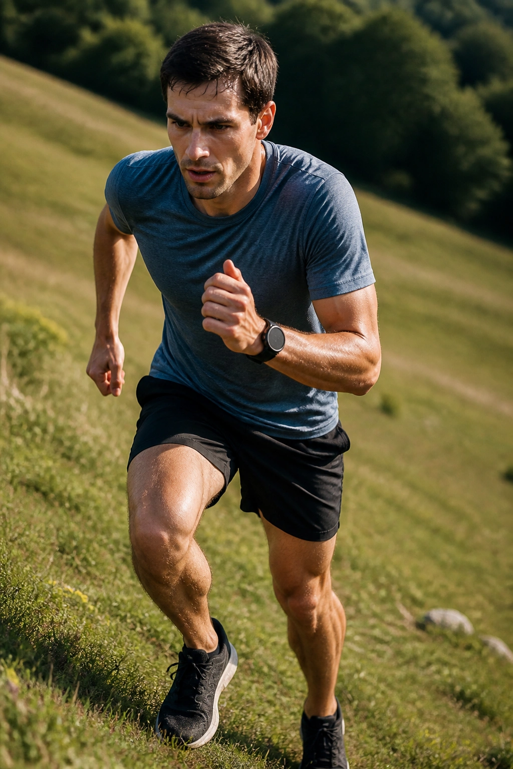 Close-up of a real runner uphill on a grassy hill with intense expression and strong arm drive