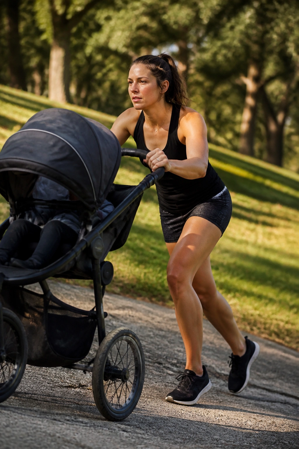 Person pushing stroller uphill on a gentle park incline