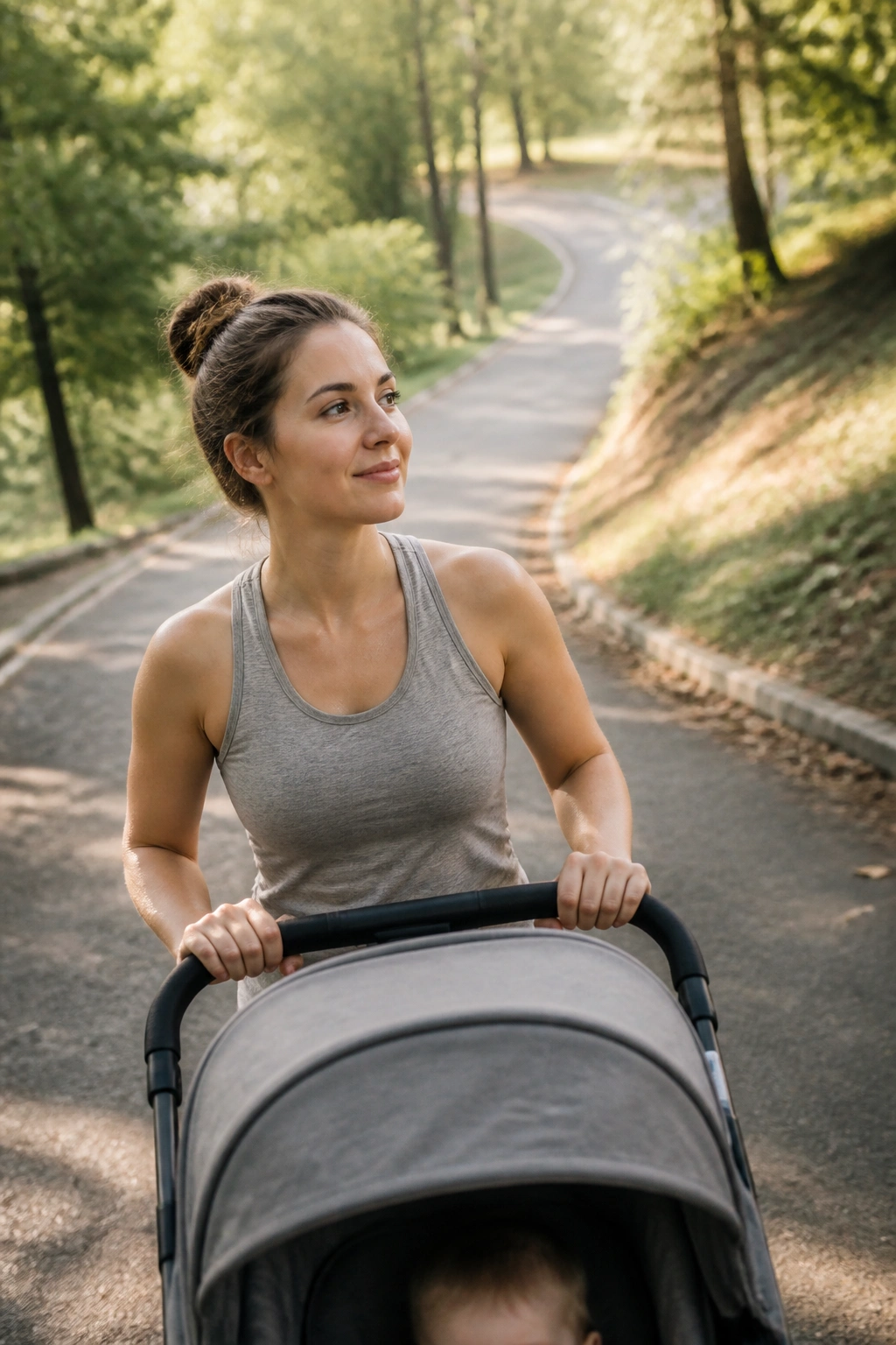 Real mom pushing stroller uphill on a park trail with flat sections visible ahead and behind