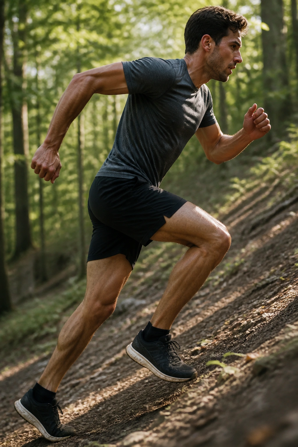 Runner pushing uphill during a 45-second hill interval on a forested slope