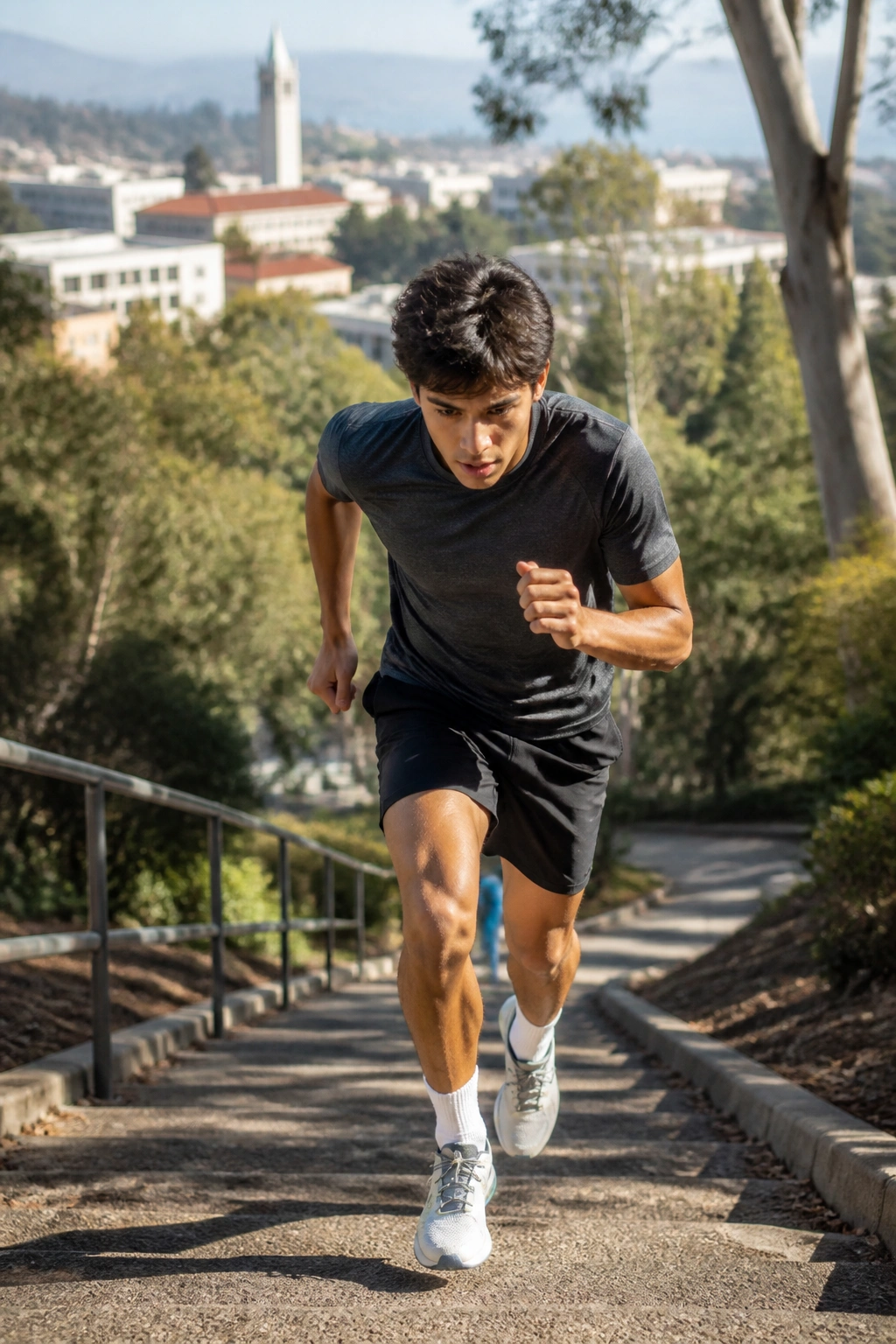 Student sprinting uphill on campus hill during outdoor workout