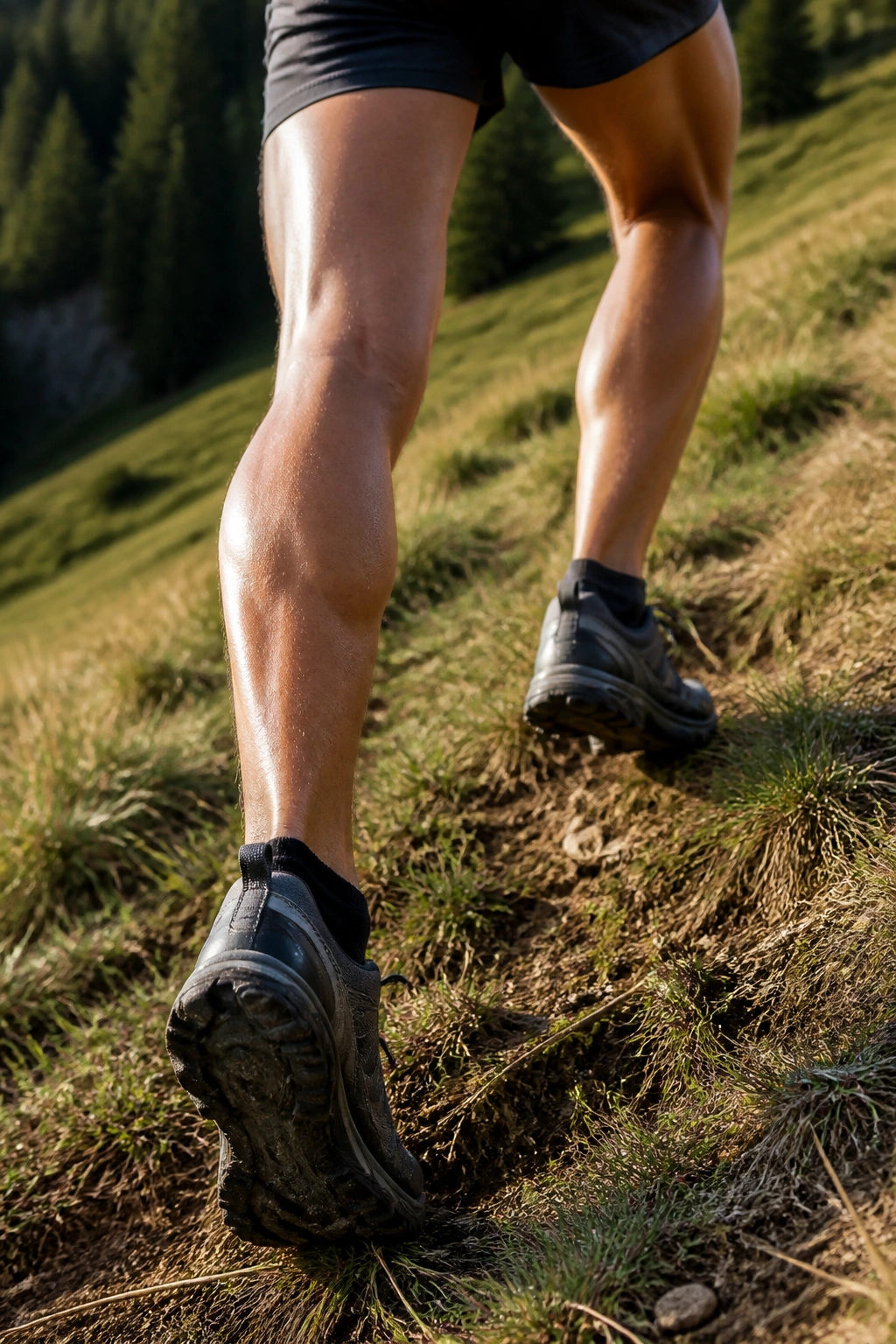 Close-up of a runner's legs climbing a grassy hill with calf engagement