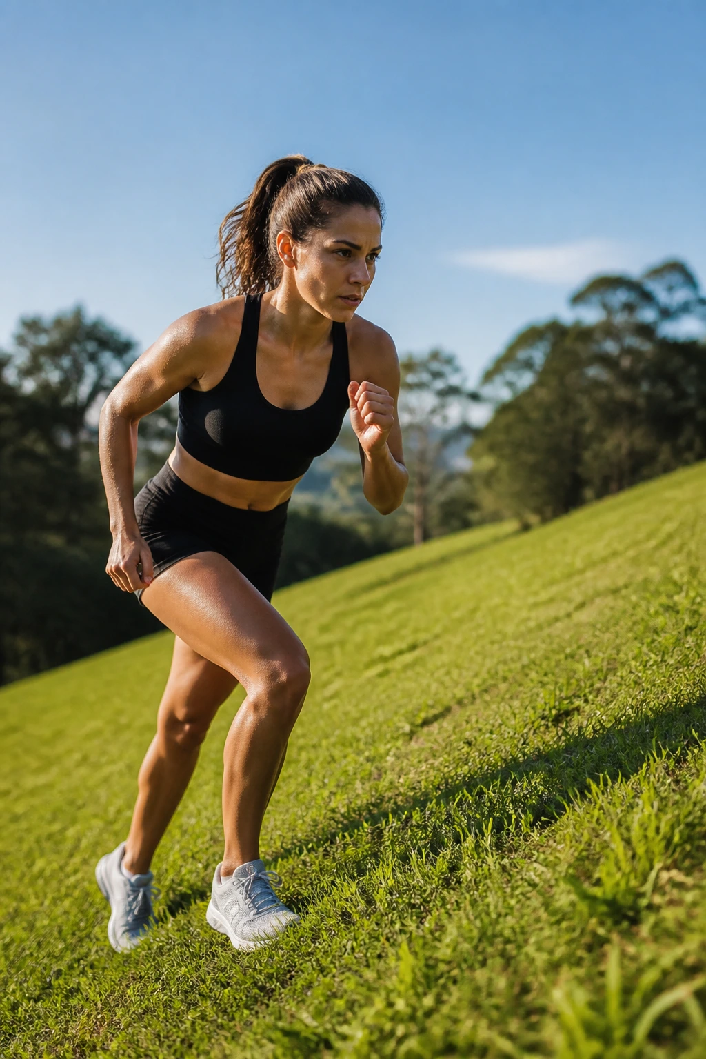 Medium shot of a person climbing a sunlit grassy hill outdoors