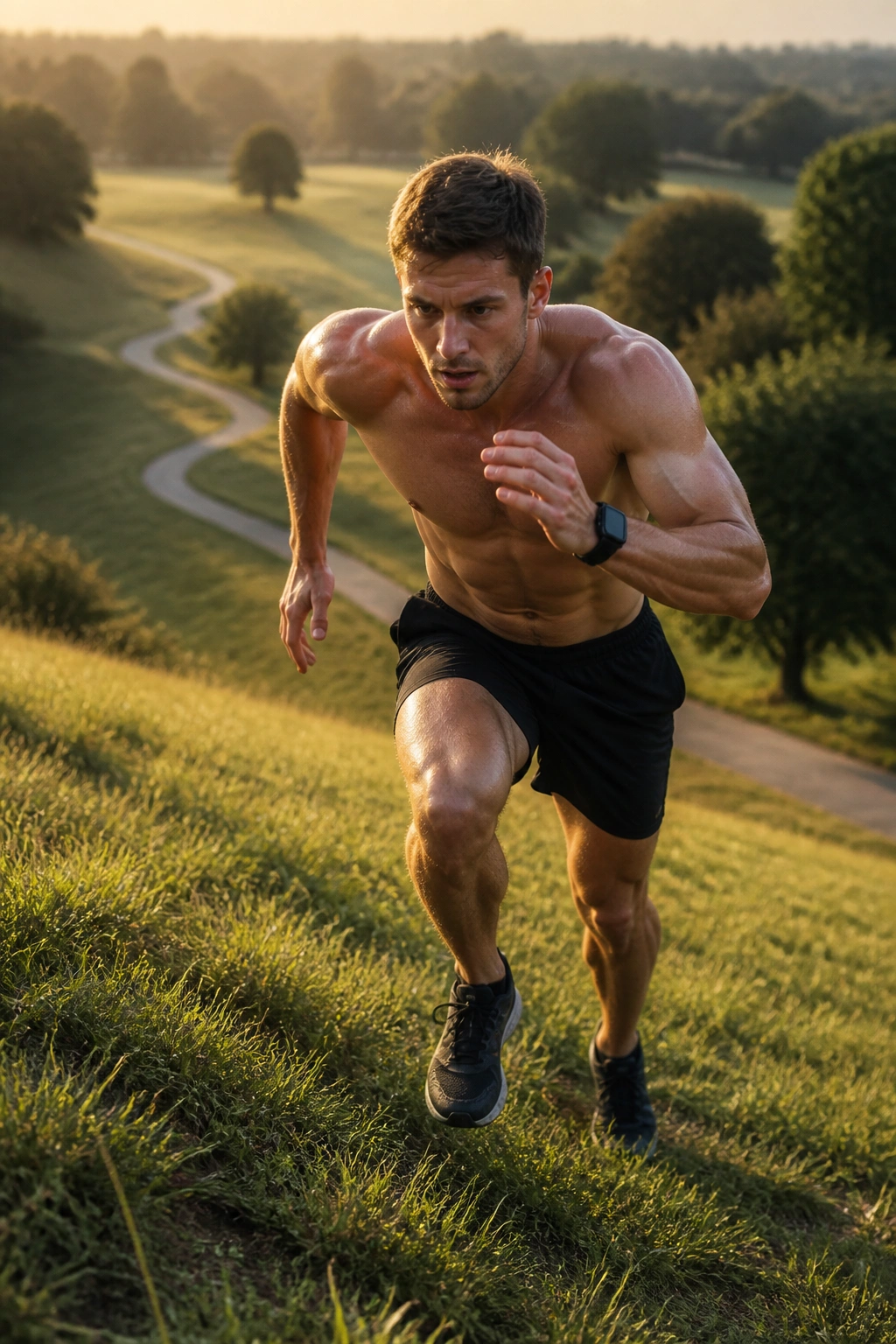 Close-up of a runner uphill on a grassy hill during hill repeats, showing effort and form