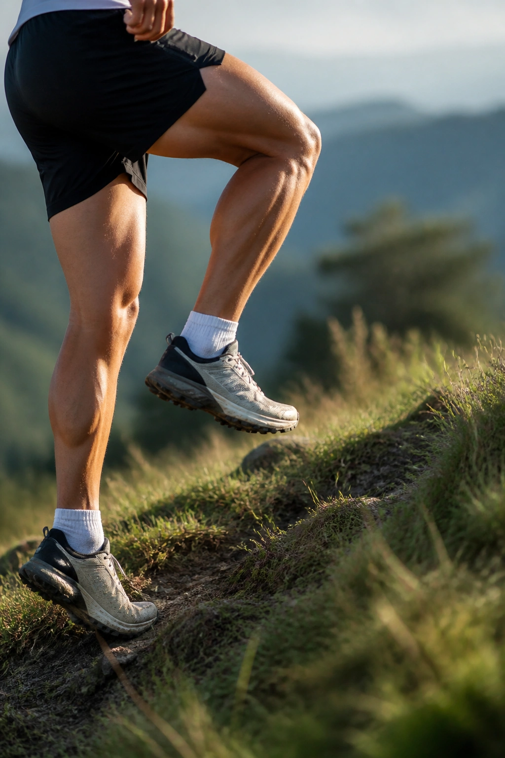 Close-up of a runner's leg powering up a grassy hill during hill repeats