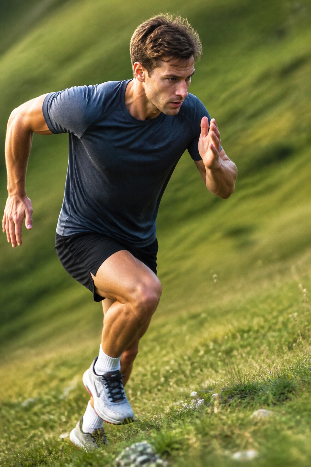 Runner climbing a gentle hill with strong effort for speed endurance repeats