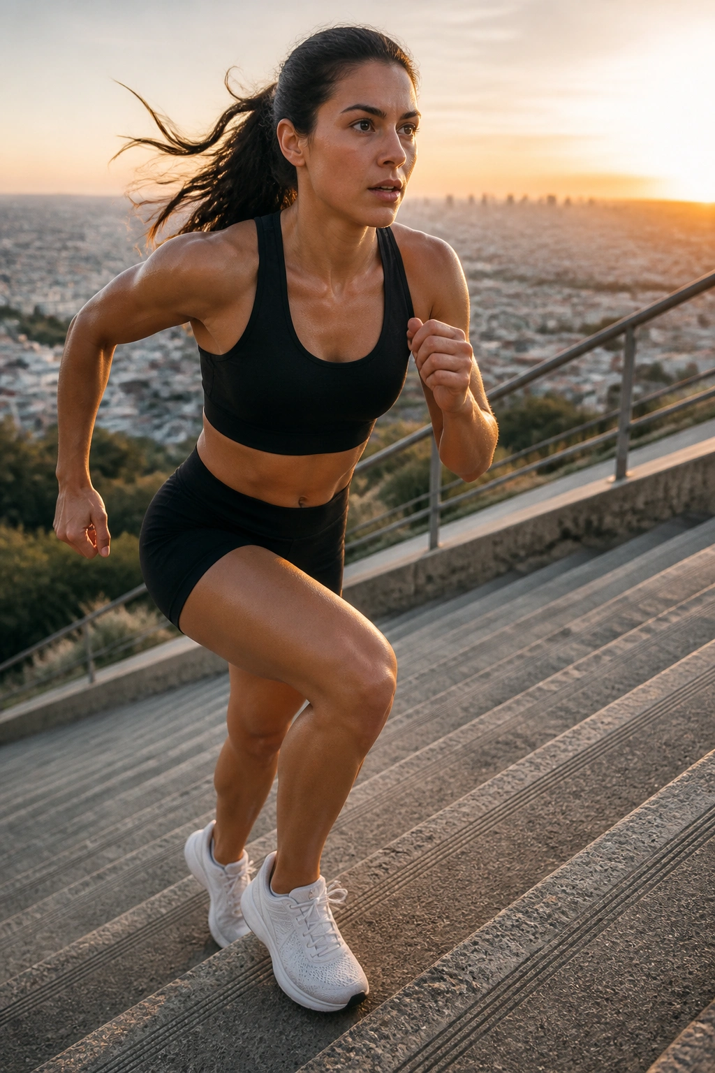 Mid-shot of a real person climbing stairs outdoors with determined expression