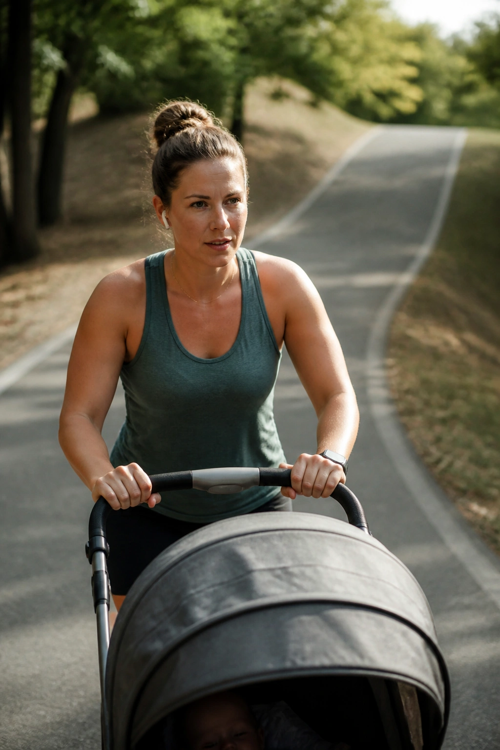 Mom pushing a stroller uphill on a gentle hill in the park.