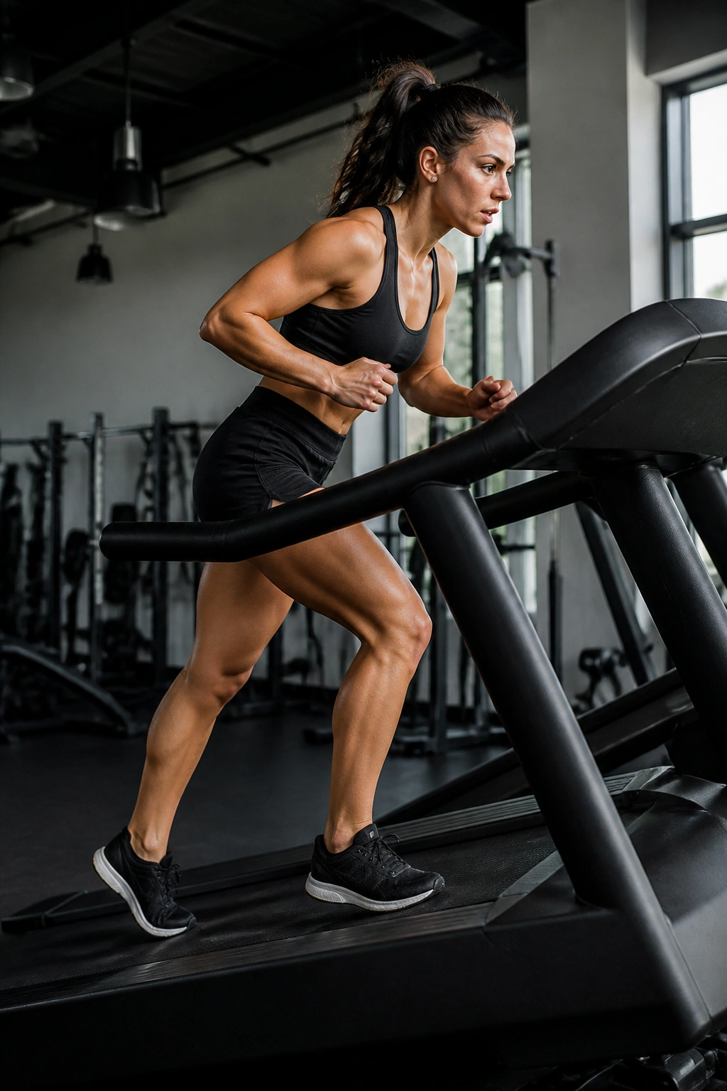 Person on treadmill simulating hill repeats with incline