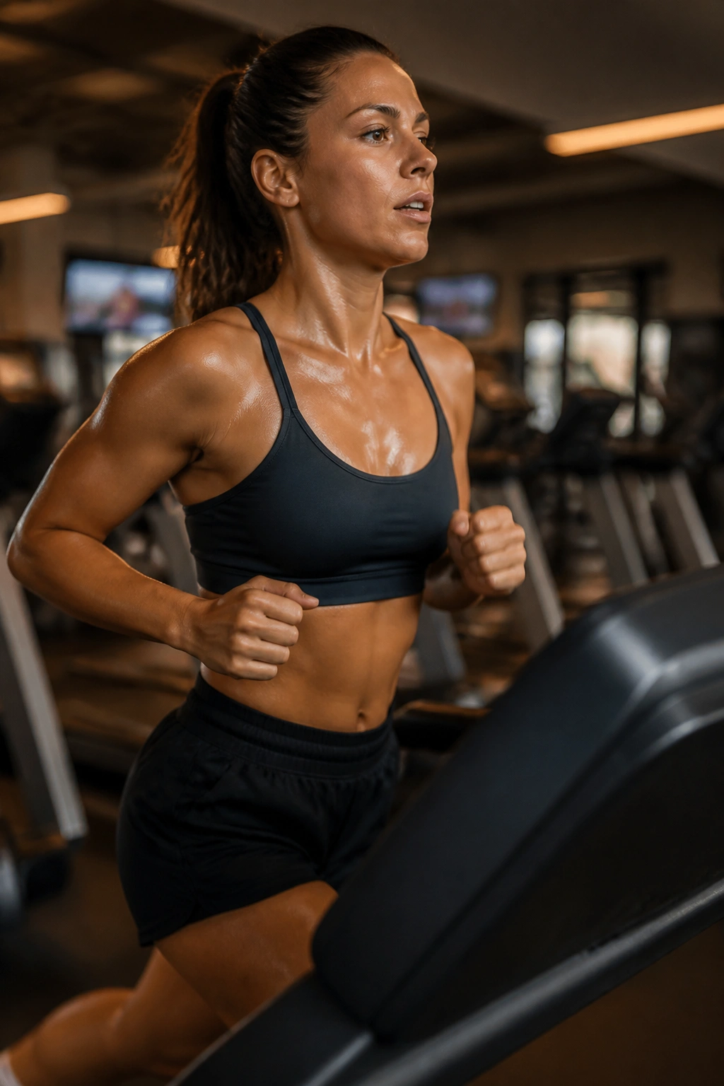 Runner performing hill repeats on treadmill with incline and steady pace