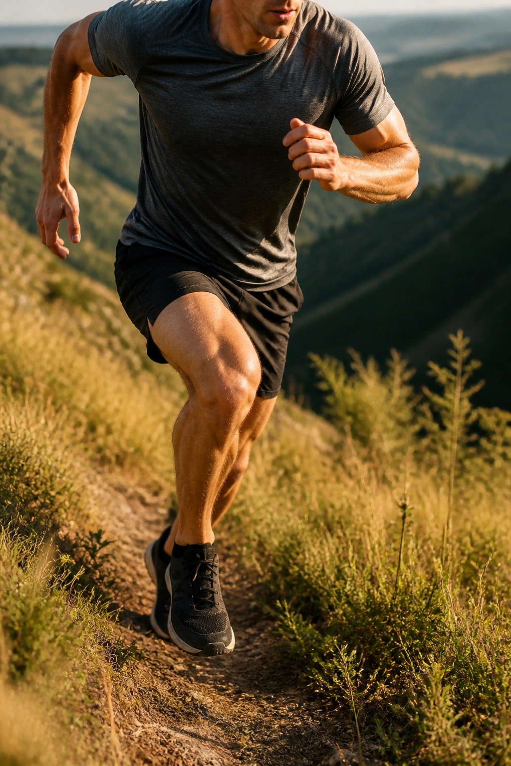 Close-up of a runner sprinting uphill on a grassy hill during golden hour