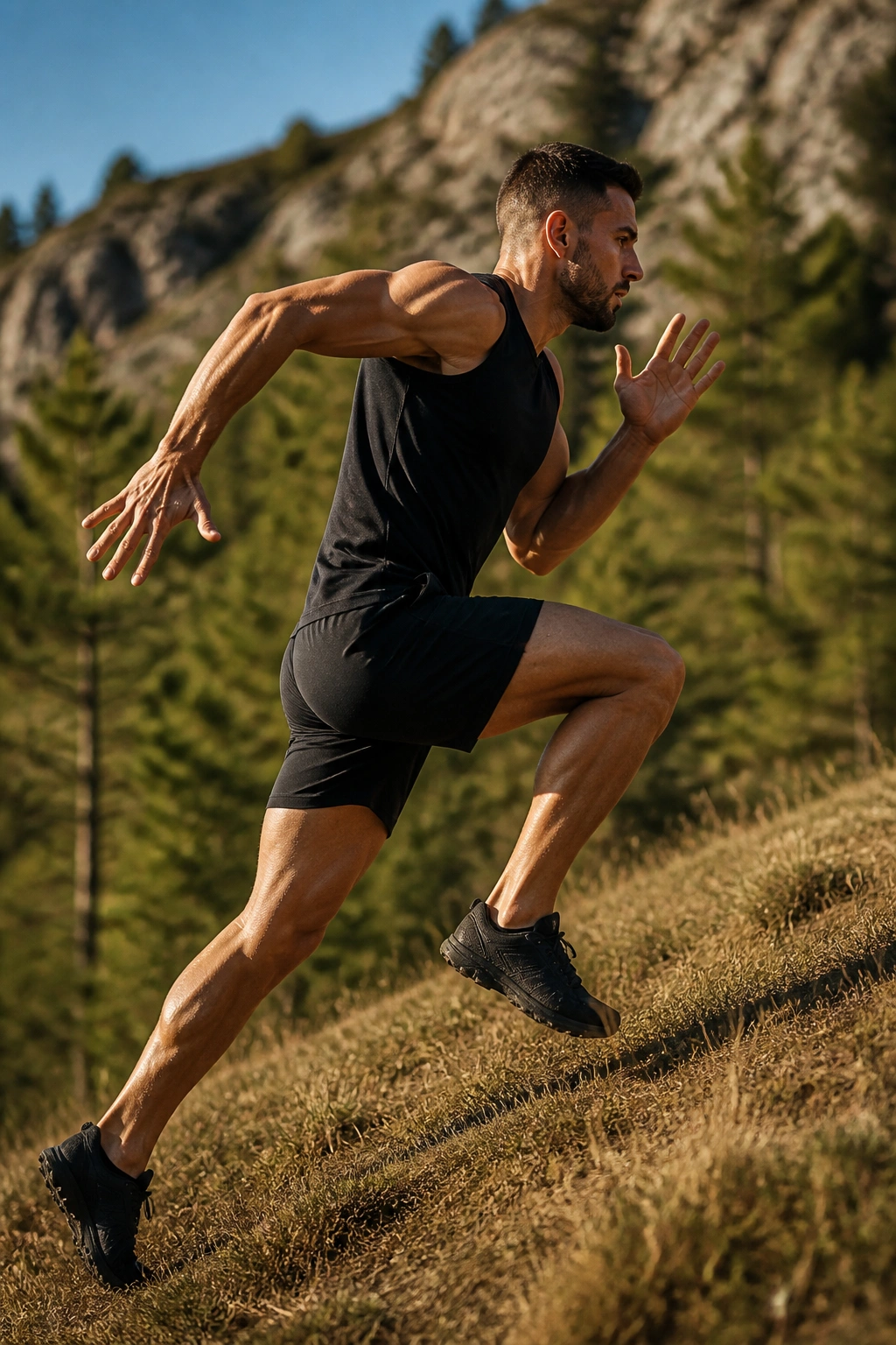 Side view of a runner sprinting uphill on a steep hill
