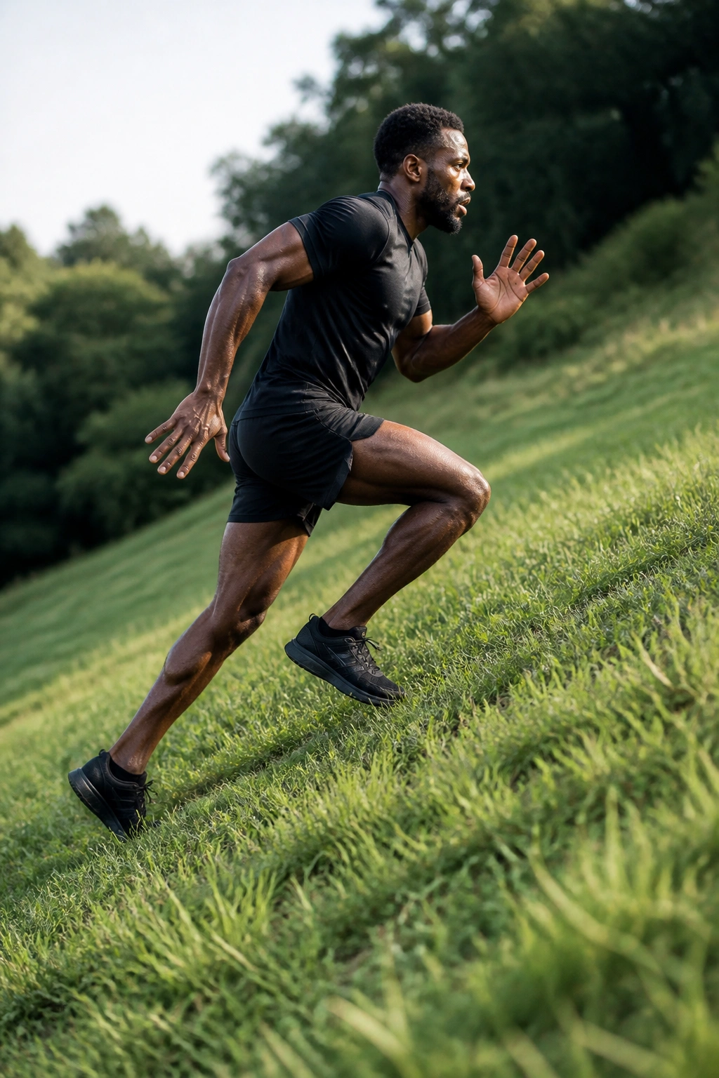 Side profile of a person sprinting uphill on a sunny grassy hill