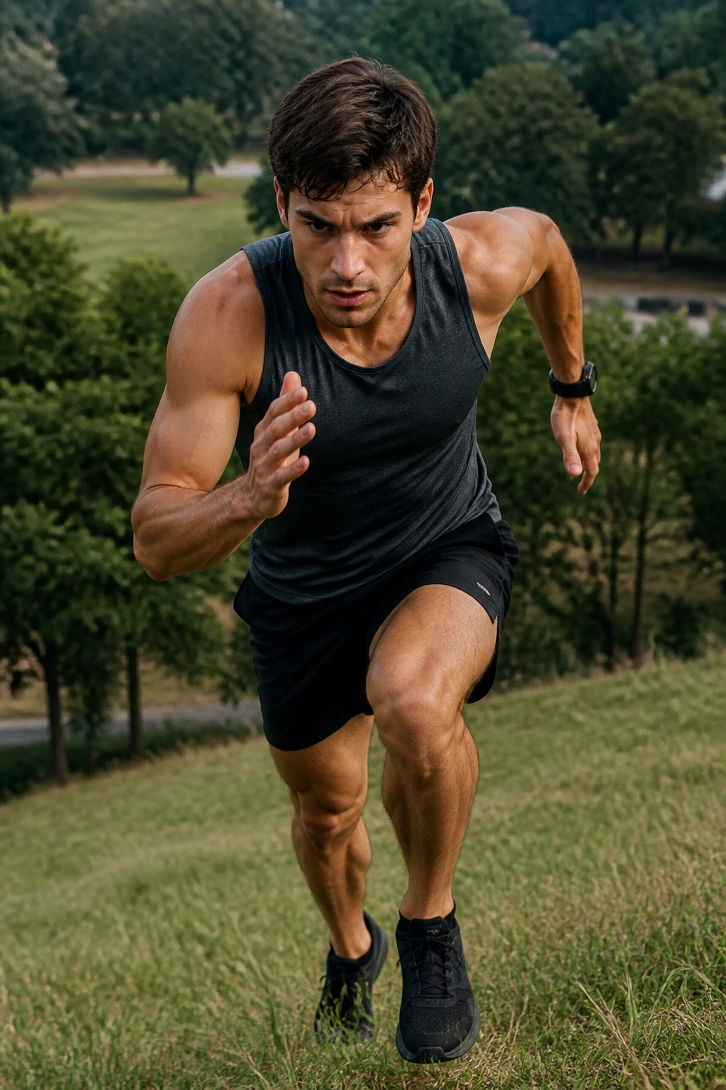 Runner sprinting up a grassy hill in a park