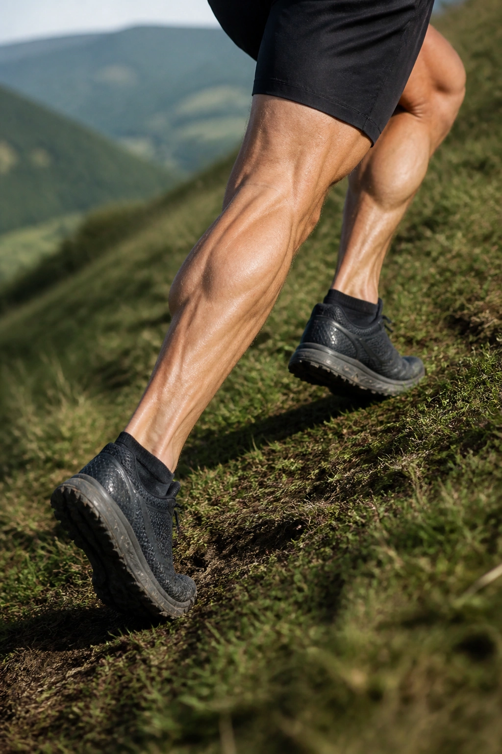 Close-up of the calves and feet during hill sprint on a steep outdoor hill