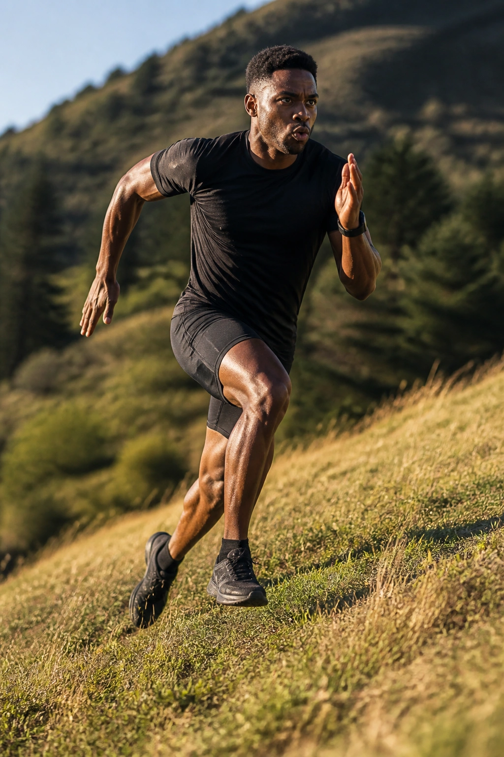 Athlete sprinting uphill on a grassy hill