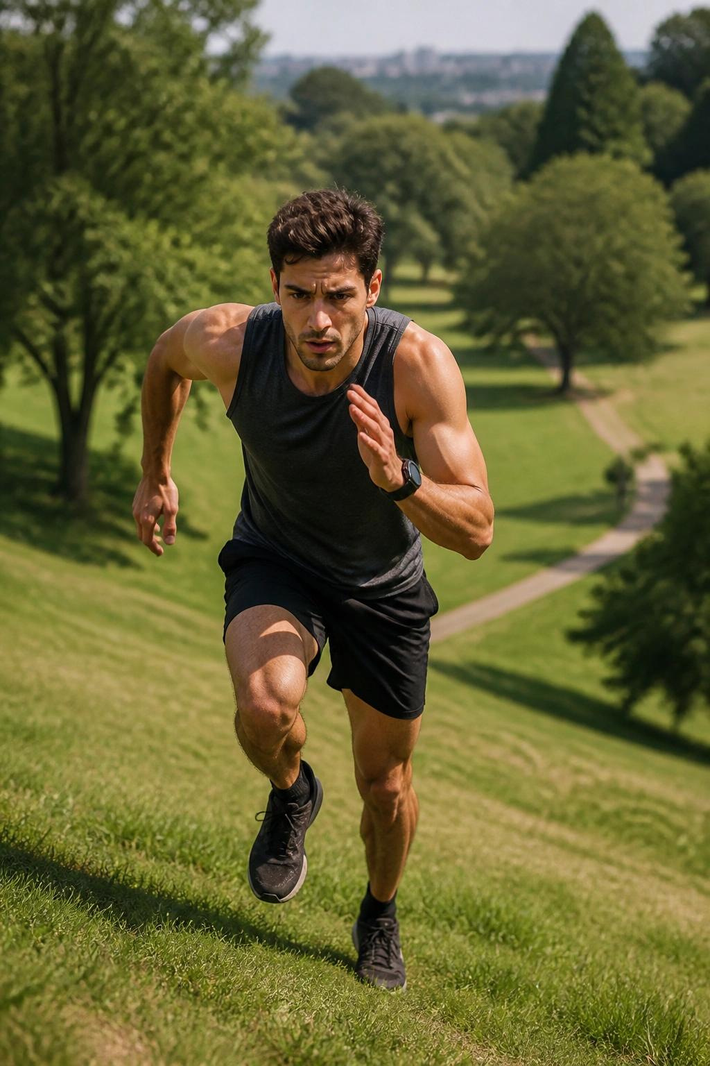 Athlete sprinting uphill on a grassy outdoor hill.