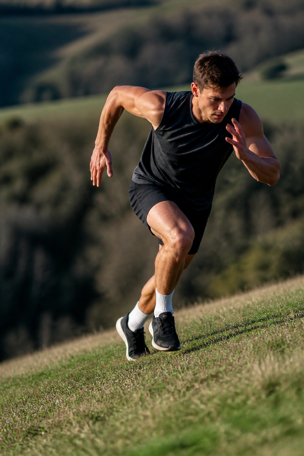 Athlete sprinting uphill during hill sprint session on grassy hill