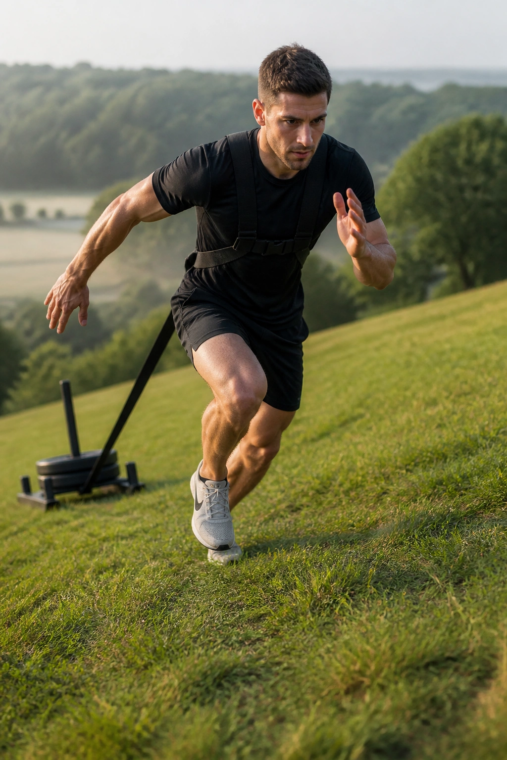 Runner sprinting uphill on a grassy hill