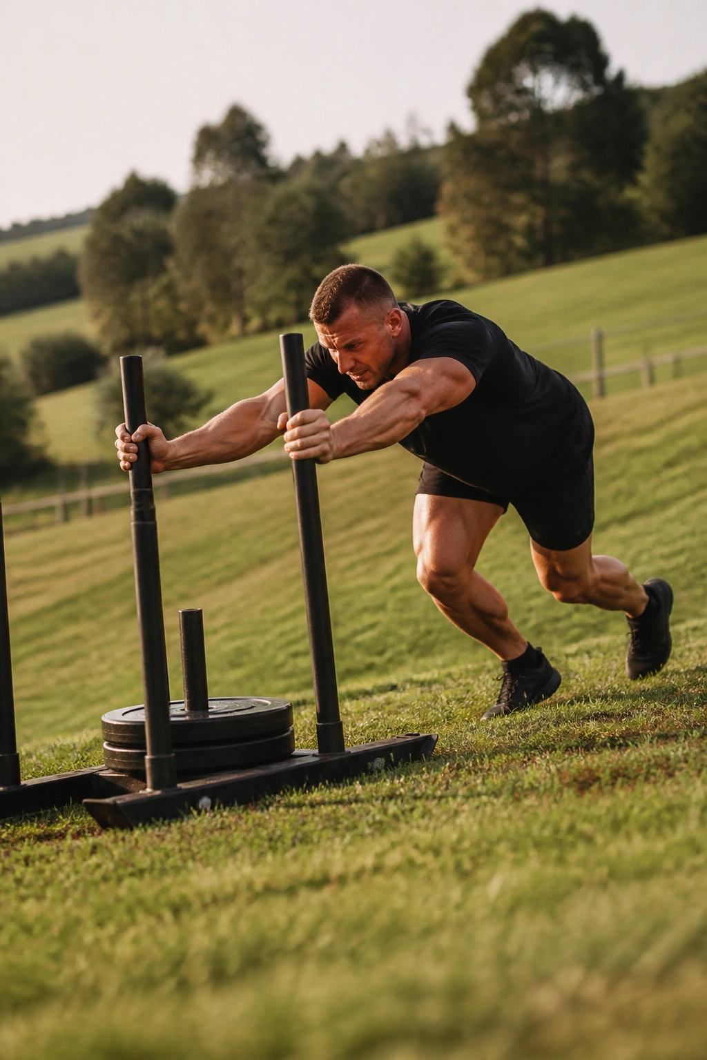Person pushing a sled uphill on a hill