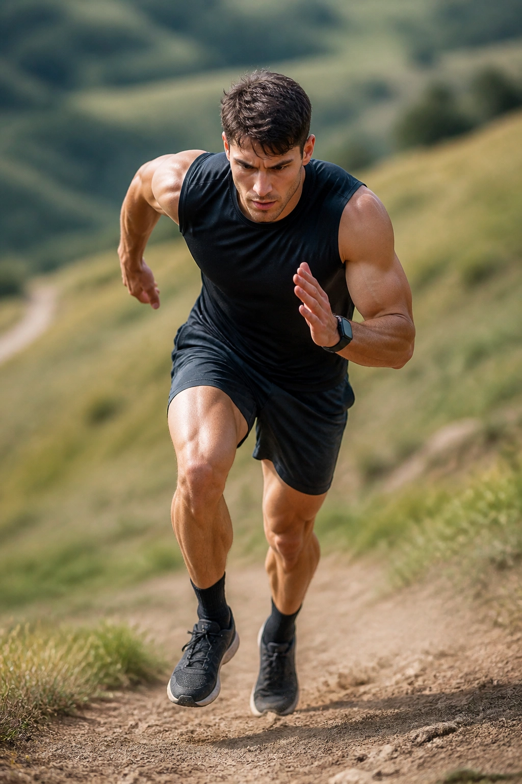 Close-up of a sprinter sprinting uphill on a dirt trail with hillside in background
