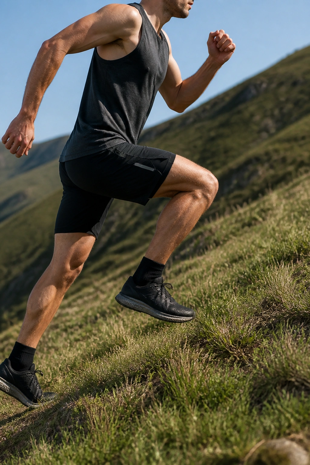 Close-up of a runner sprinting uphill on a grassy hill showing forward lean and knee drive
