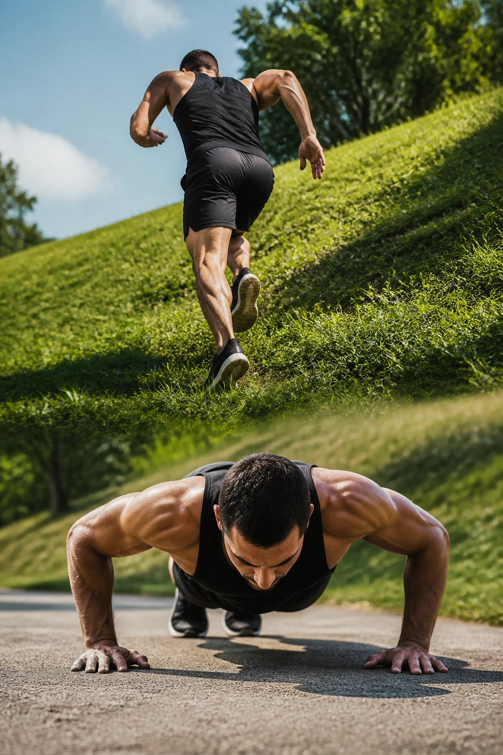 Athlete sprinting uphill then performing push-ups at the hill base