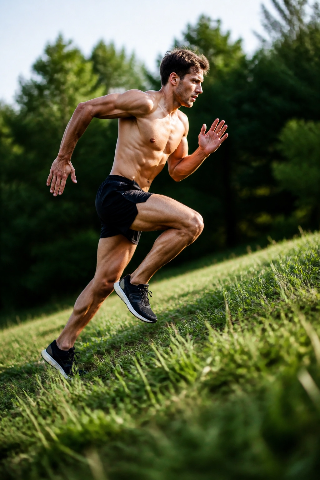 Runner sprinting uphill on a grassy hill