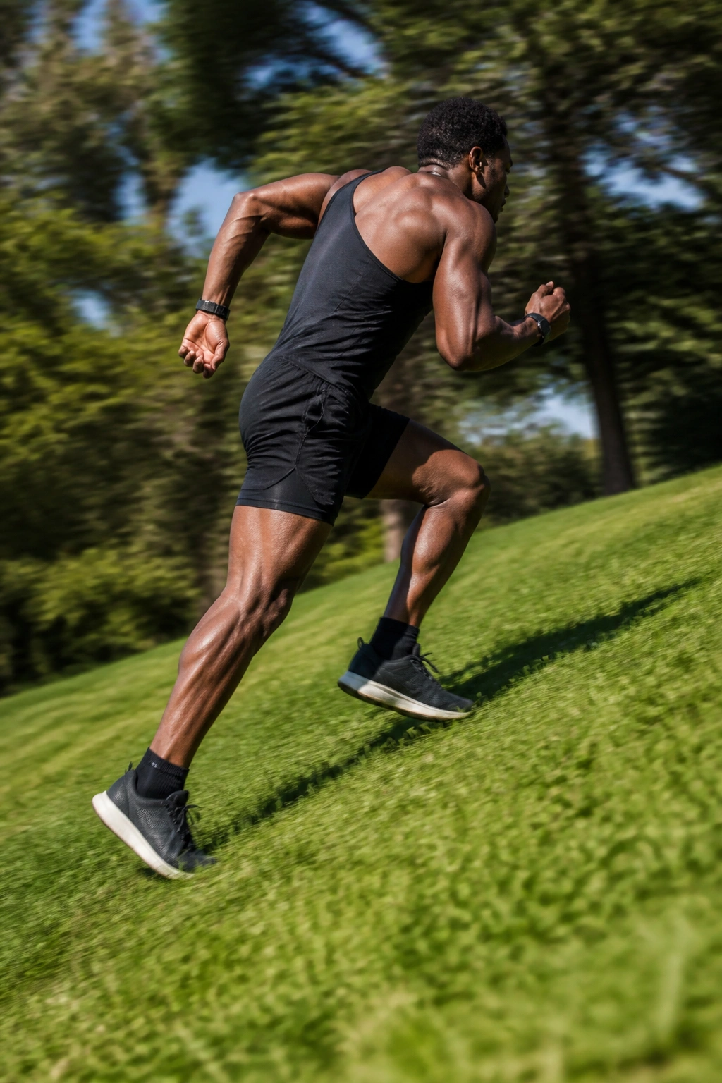 Athlete sprinting uphill on a grassy hill