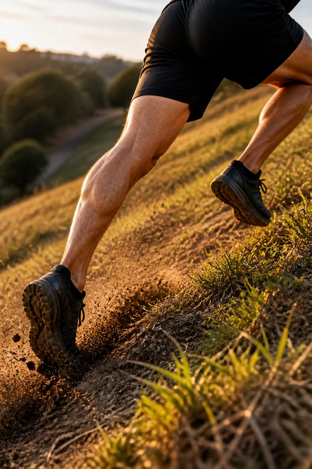 Close-up of a sprinter's legs sprinting uphill on a grassy hill during golden hour