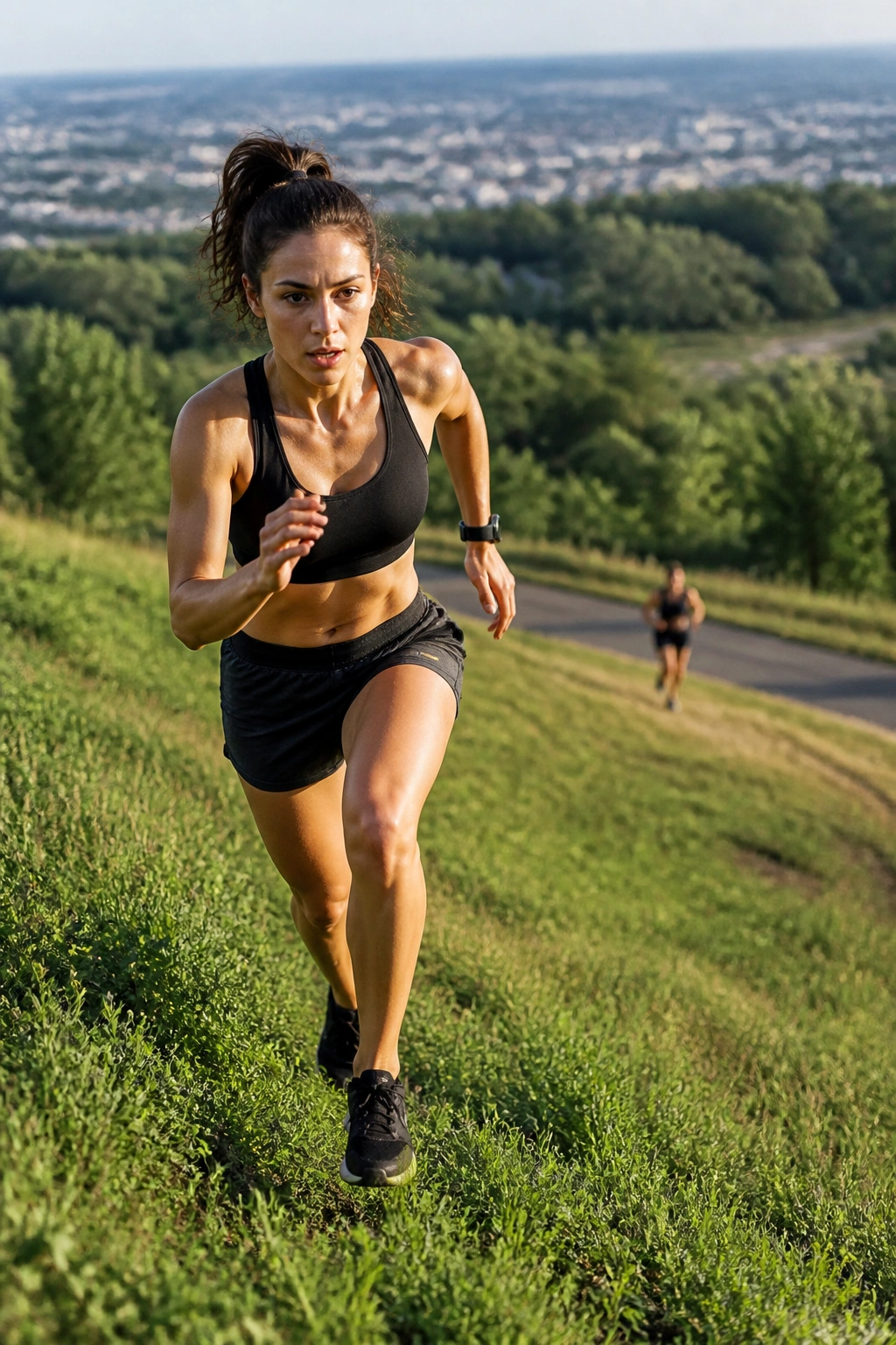 Runner sprinting uphill with a flat recovery area visible in the distance