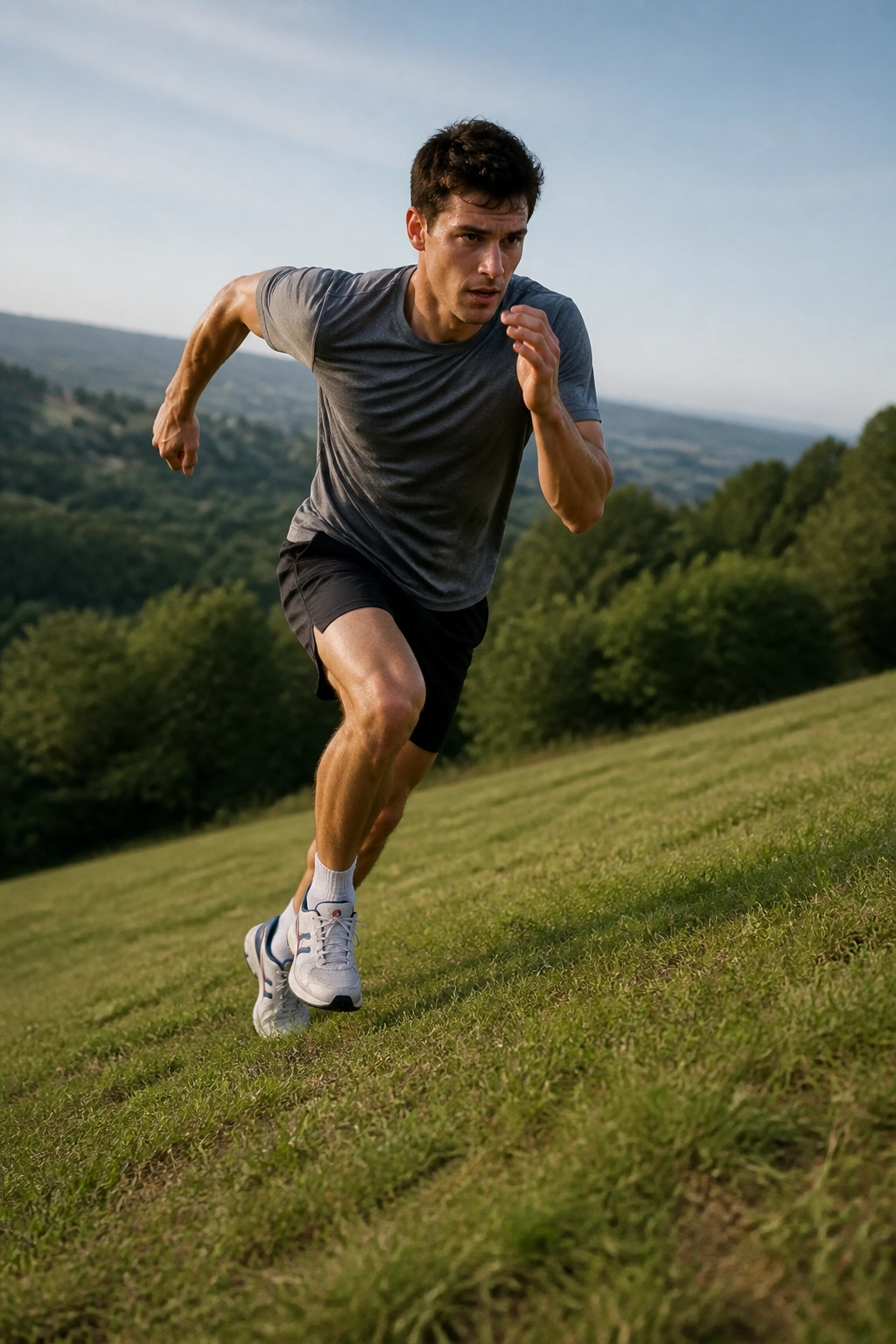 Mid-shot of a runner sprinting uphill on a gentle grade with grassy backdrop
