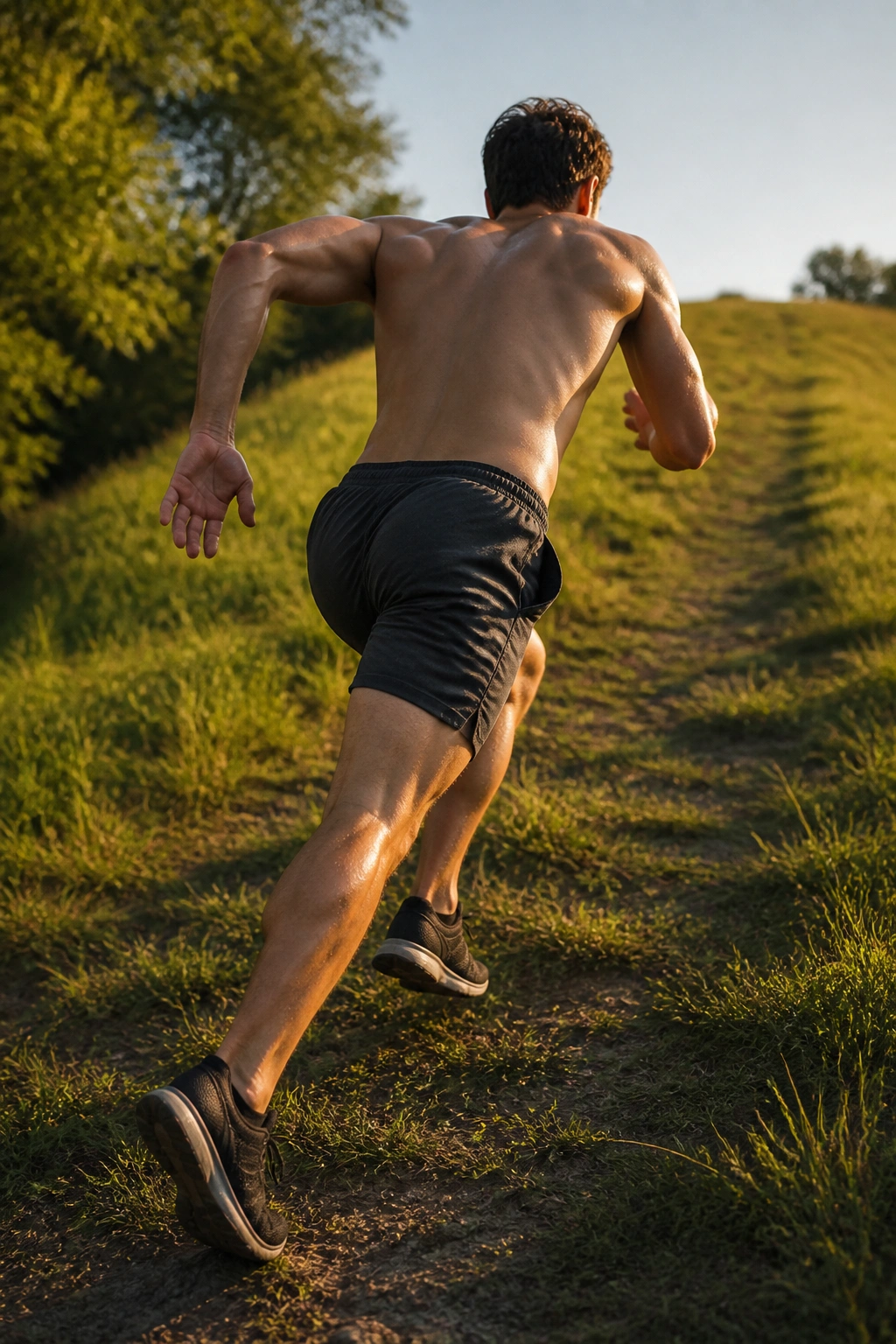 Athlete sprinting uphill on a grassy hill during golden hour