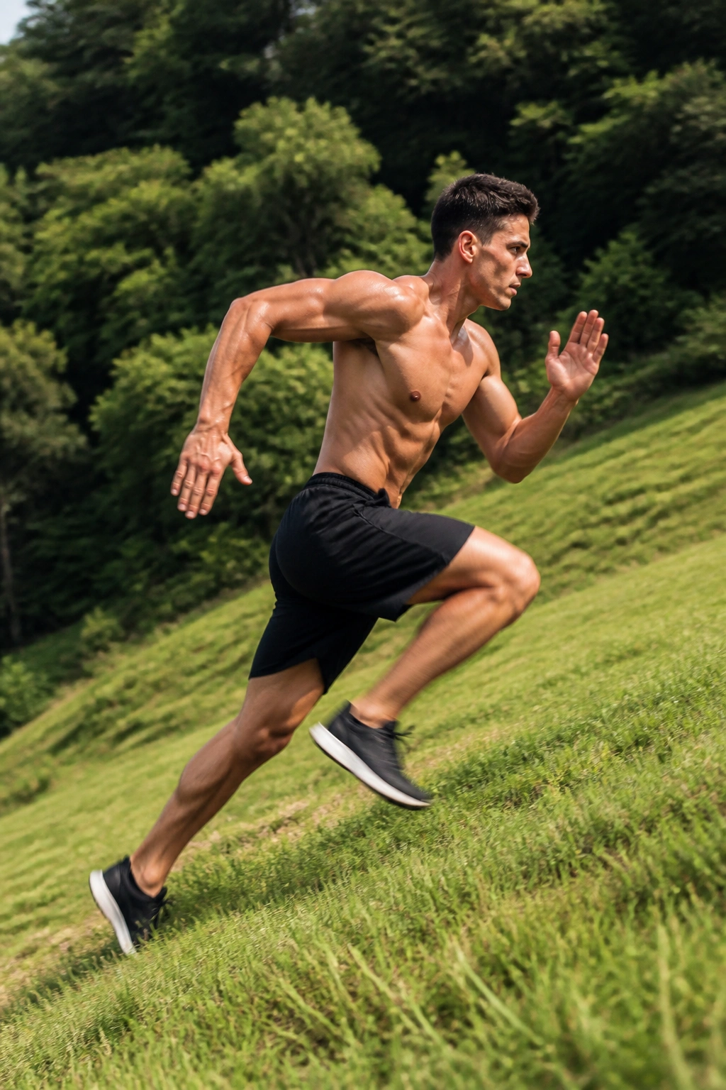 Side profile of a runner sprinting uphill on grass during hill sprint training