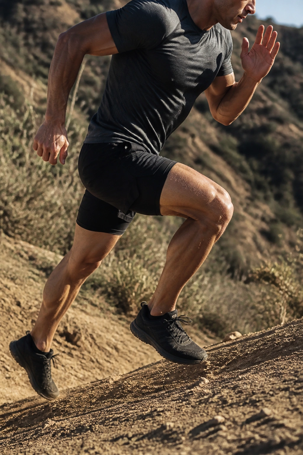Close-up of a runner sprinting uphill on a steep dirt hill with powerful strides