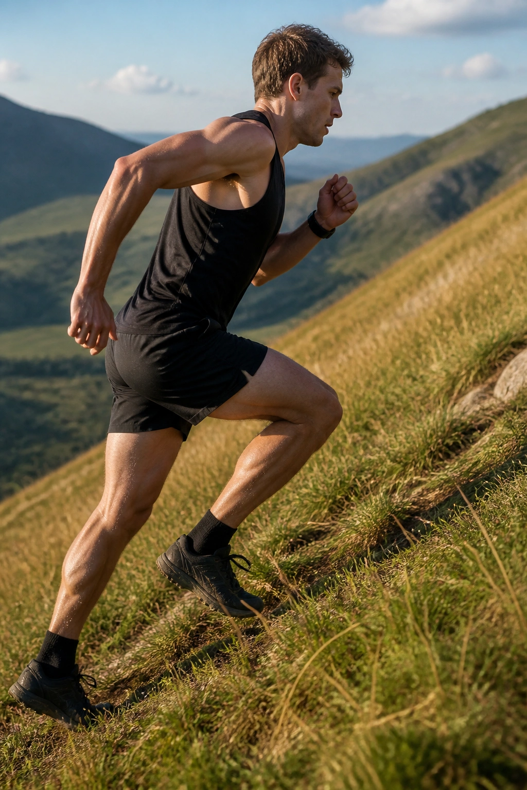 Runner sprinting uphill on a short hill for power and form
