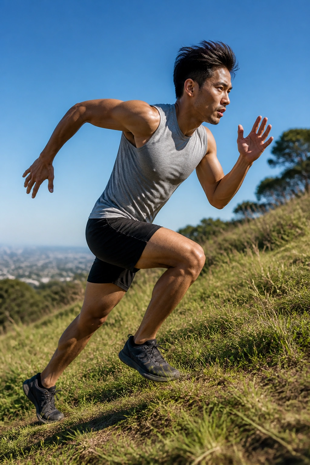 Person sprinting uphill on grassy hill during cardio session