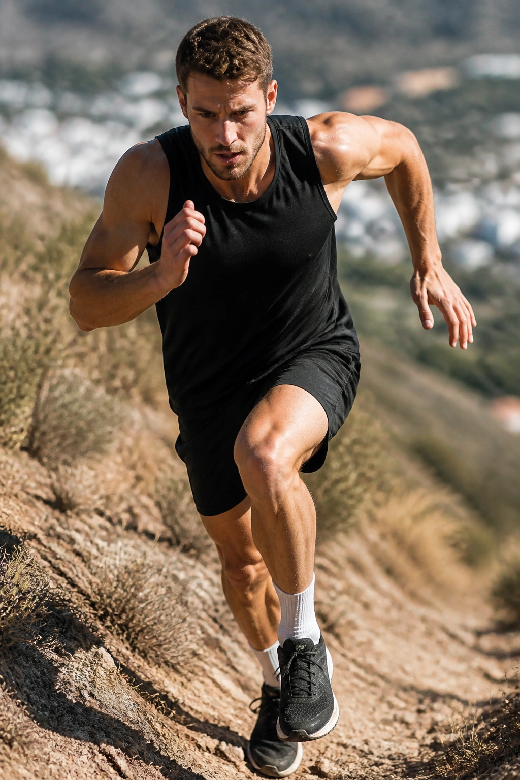 Runner sprinting uphill on a hill during daytime