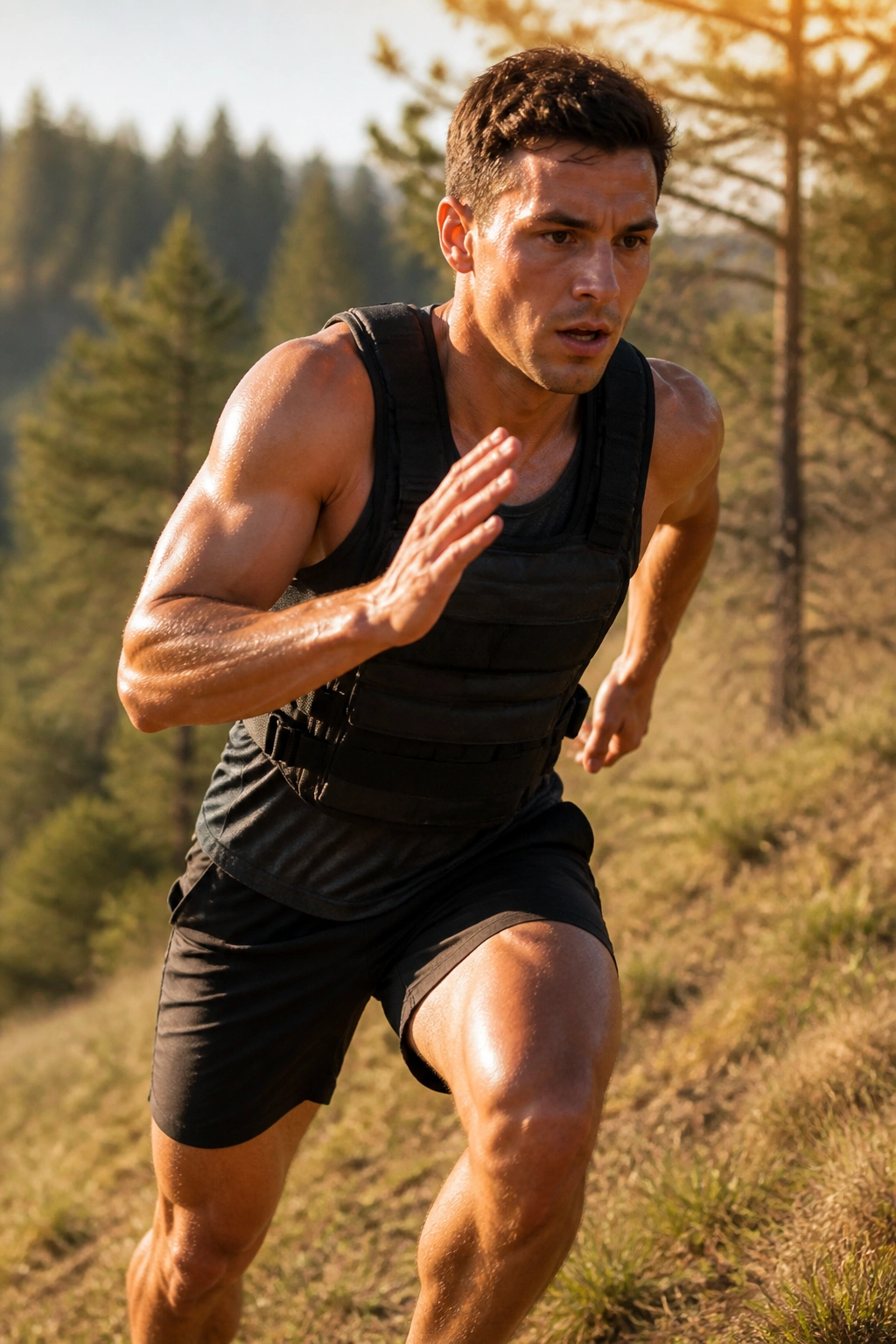 Athlete sprinting uphill with a weighted vest during a hill workout on a sunlit trail.