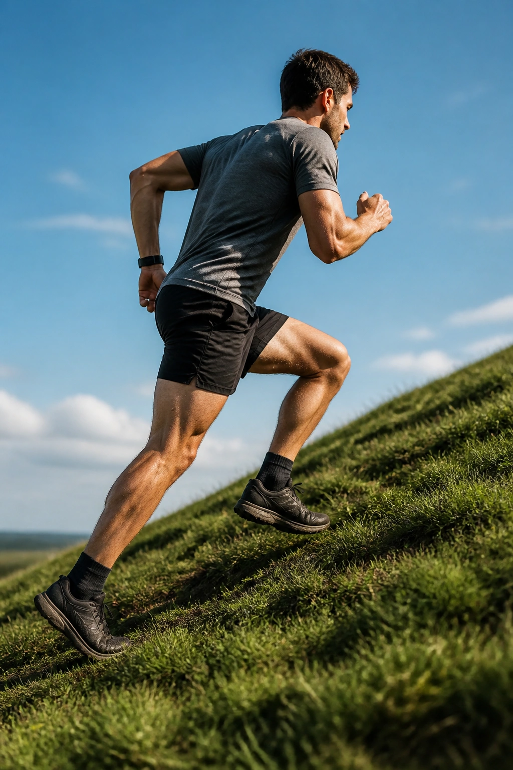 Runner climbing a hill, showcasing power and leg strength development.