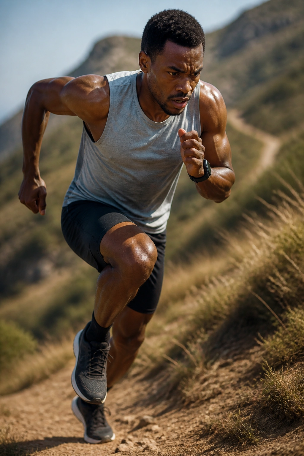 Runner on a hill performing a power march transition into sprint with intense focus
