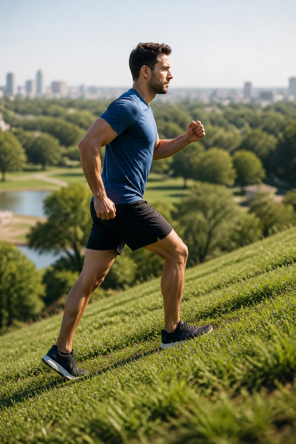 Person briskly walking uphill on a hill during a workout